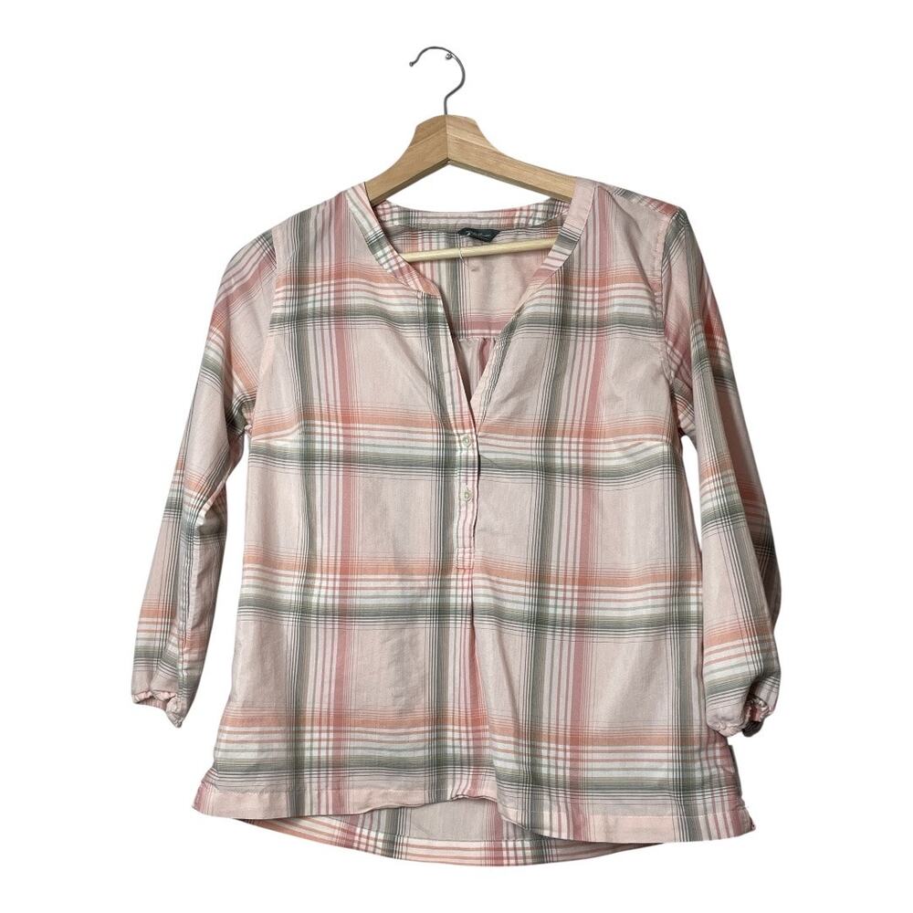 Eddie Bauer Pink Plaid Henley Shirt Popover 3/4 Sleeve Size XS V-Neck